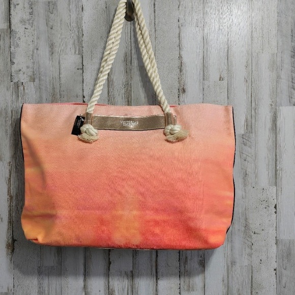 Victoria's Secret Bombshell Orange Pink Gold Sundrenched Large Canvas Beach Bag - Picture 1 of 9